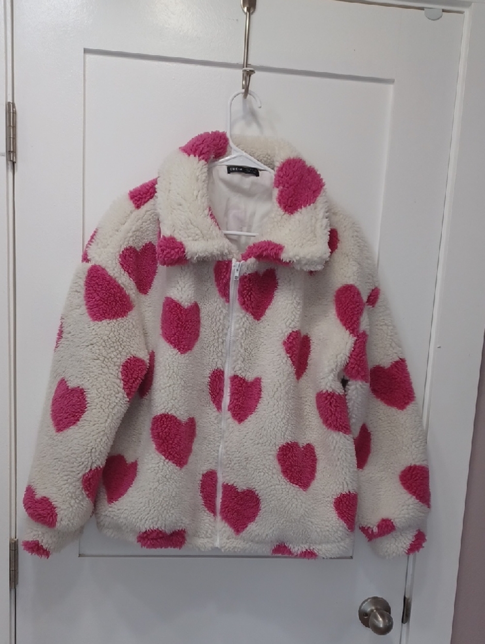 Teddy Bear BIG Hearts Jacket Fluffy Coat Pink White Drawstring Hem Collar Shein